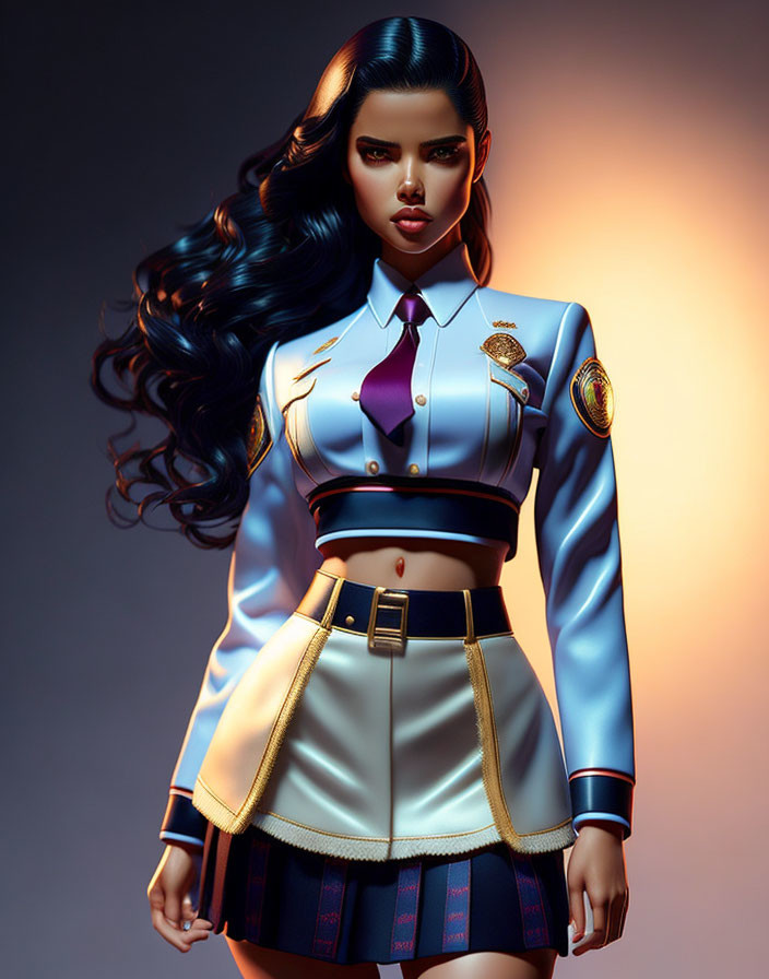 Stylized image of woman with long wavy hair in blue uniform