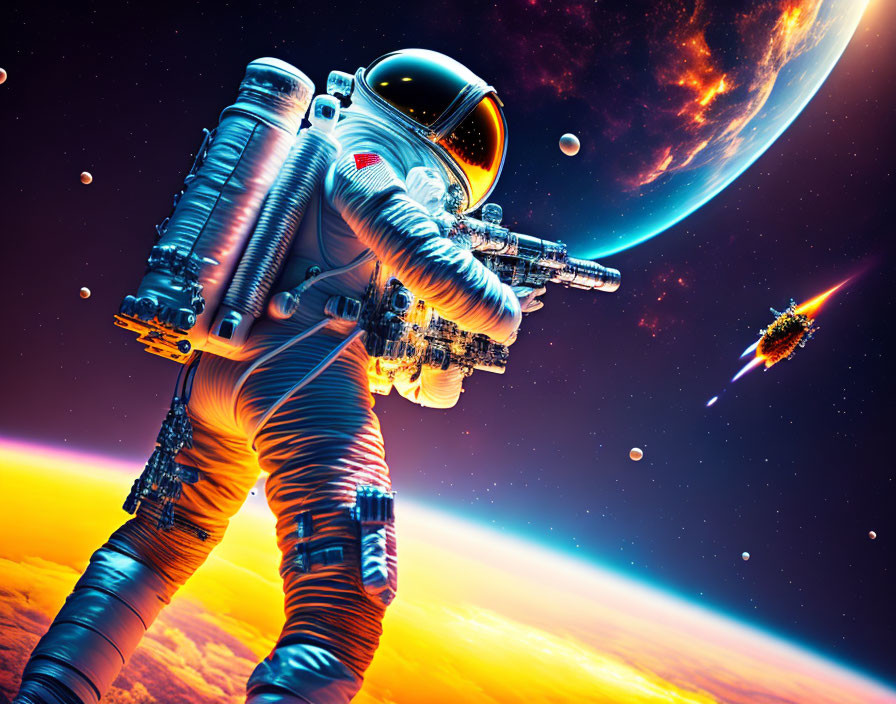 Futuristic astronaut in space with vibrant nebula and planets