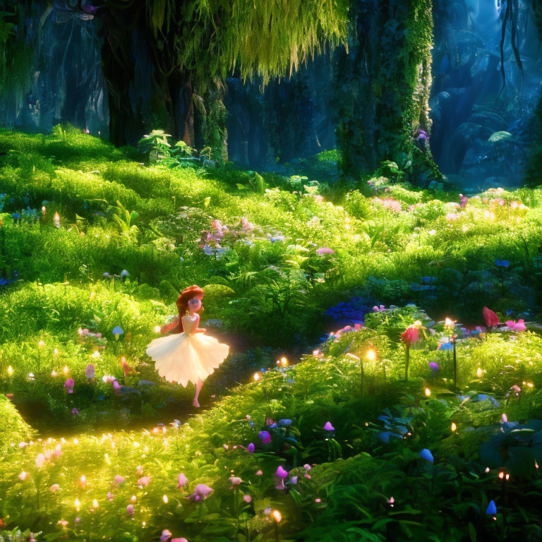 Enchanting forest glade with glowing flowers and mysterious female character