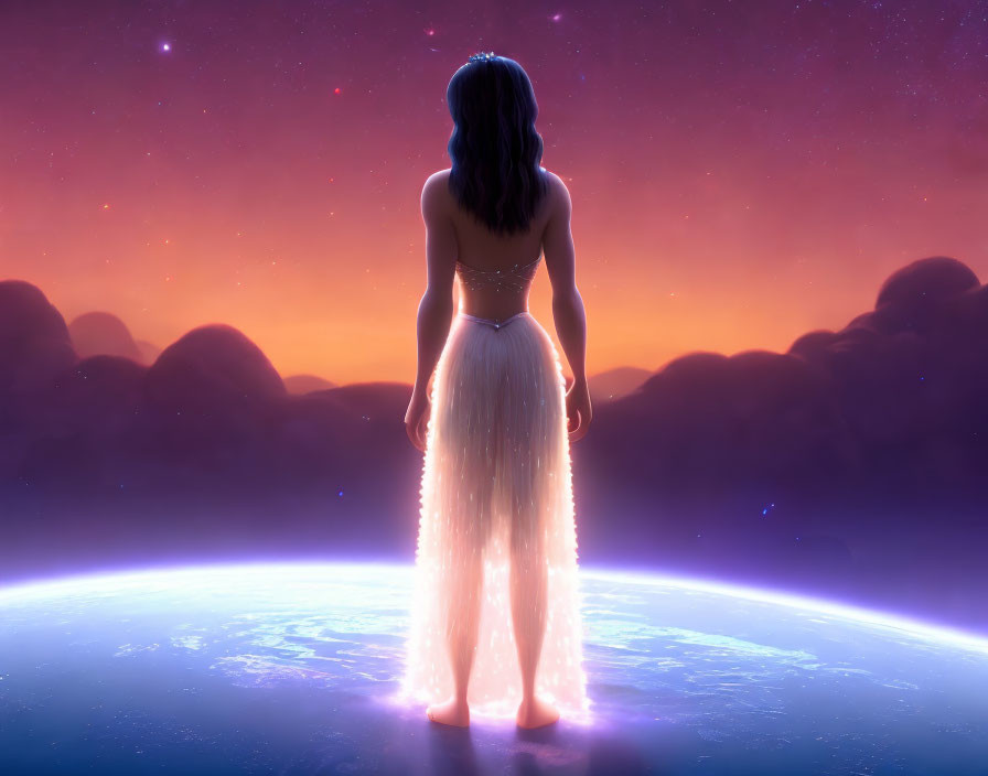 Woman standing at edge of celestial orb under purple sky with stars.