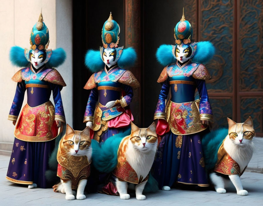 Four cats in traditional Chinese opera costumes with digitally altered faces