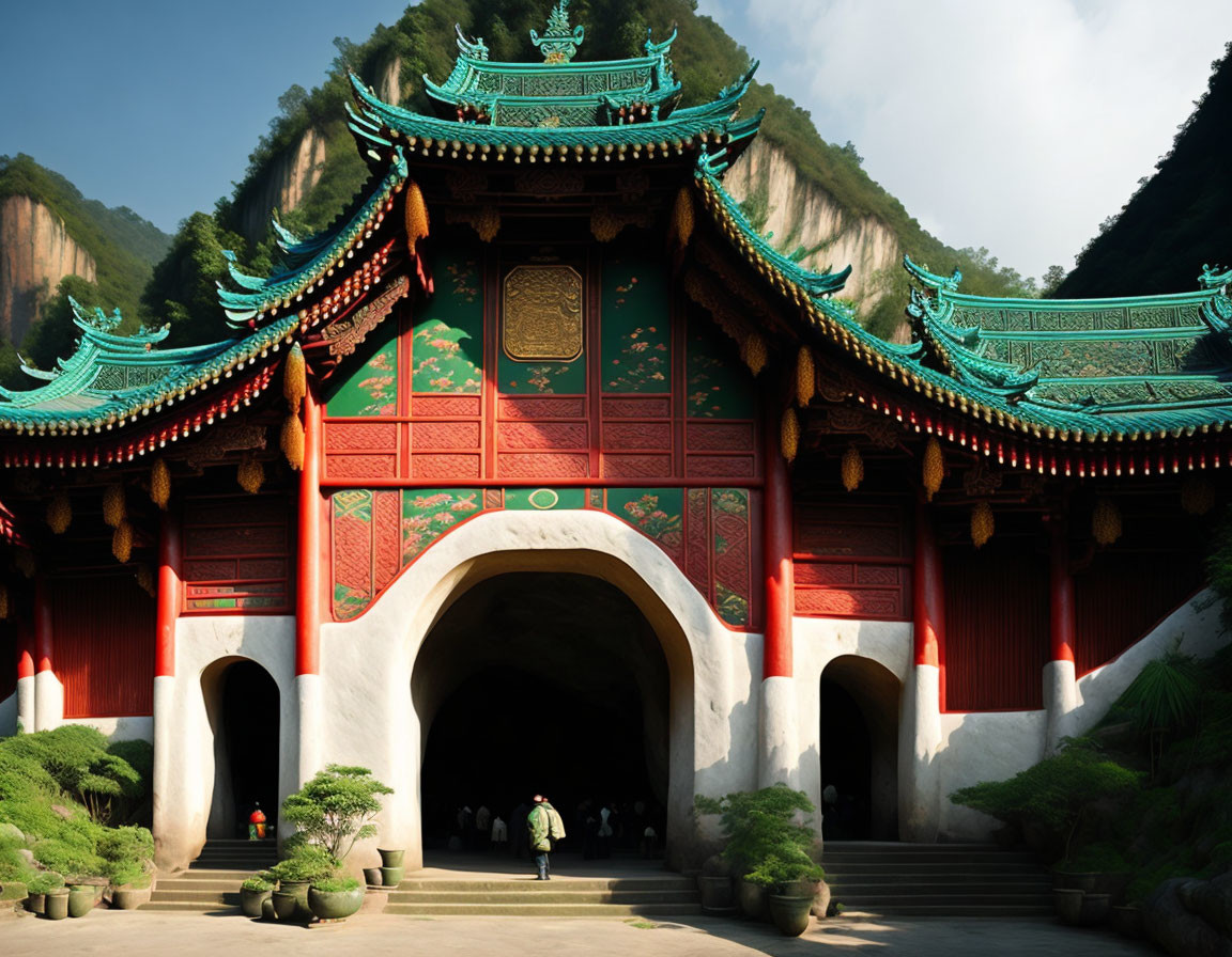 Traditional Chinese Gate with Green-Tiled Roof and Mountain Backdrop