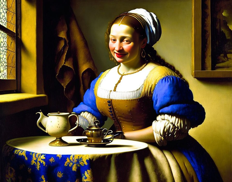 Merged artwork of "Girl with a Pearl Earring" and modern woman, with teapot and