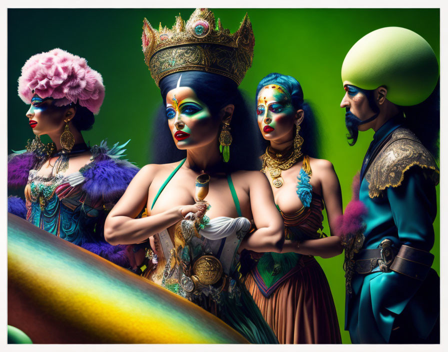 Colorful Theatrical Costumes and Makeup on Four Individuals