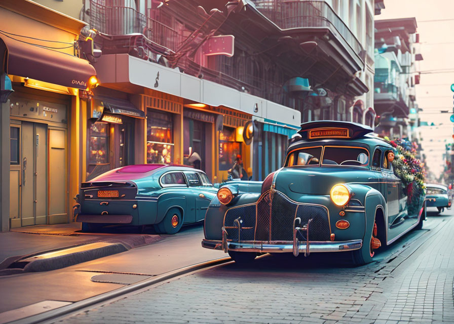 Classic cars on city street with shops and streetlights at dusk