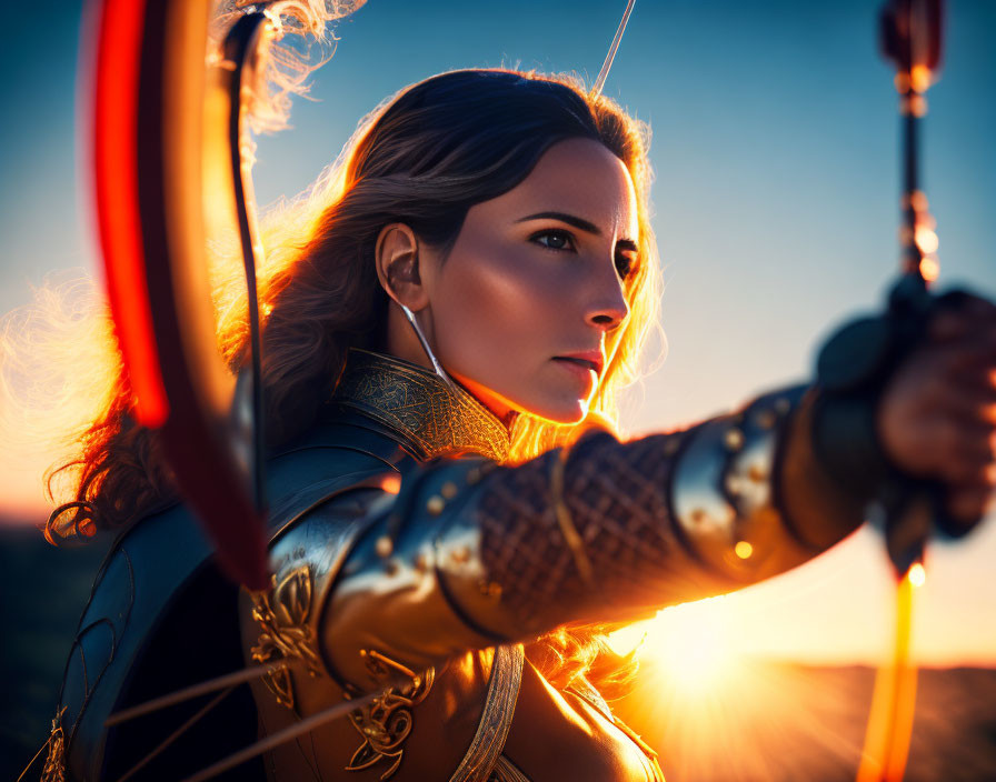 Focused woman in ornate armor with bow and arrow at sunset