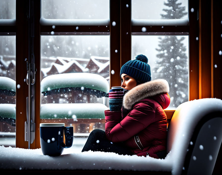 Person in winter jacket with mug by snowy window and cozy chalet view