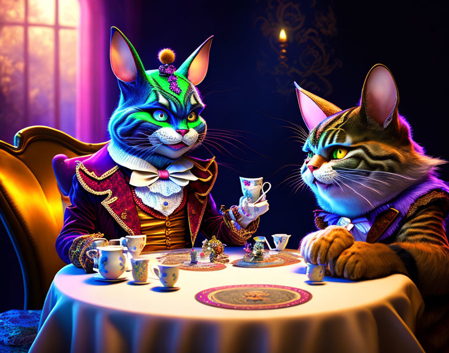 Anthropomorphic cats in regal attire having a tea party in vintage-style room