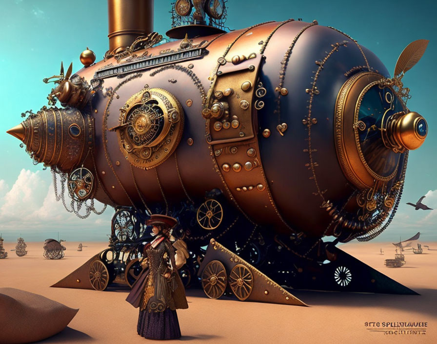 Steampunk-style submarine with metallic details and explorer in vintage attire on desert landscape