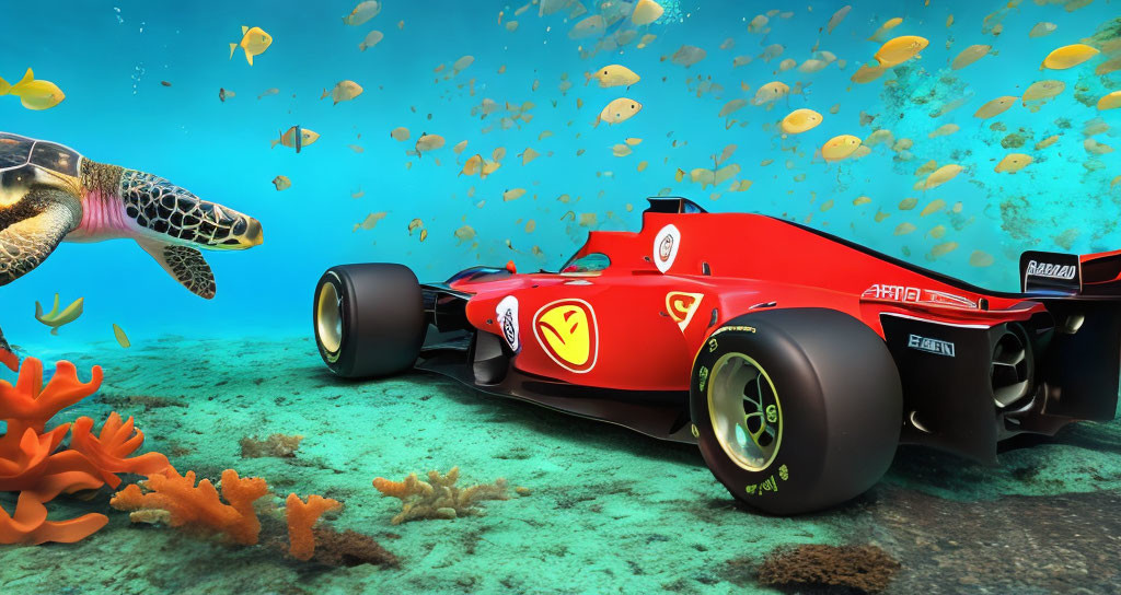 Formula 1 car underwater with fish, sea turtle, and coral reefs.