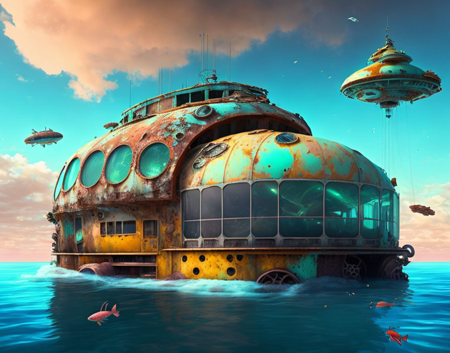 Dilapidated underwater structure with flying saucers and dolphins at twilight