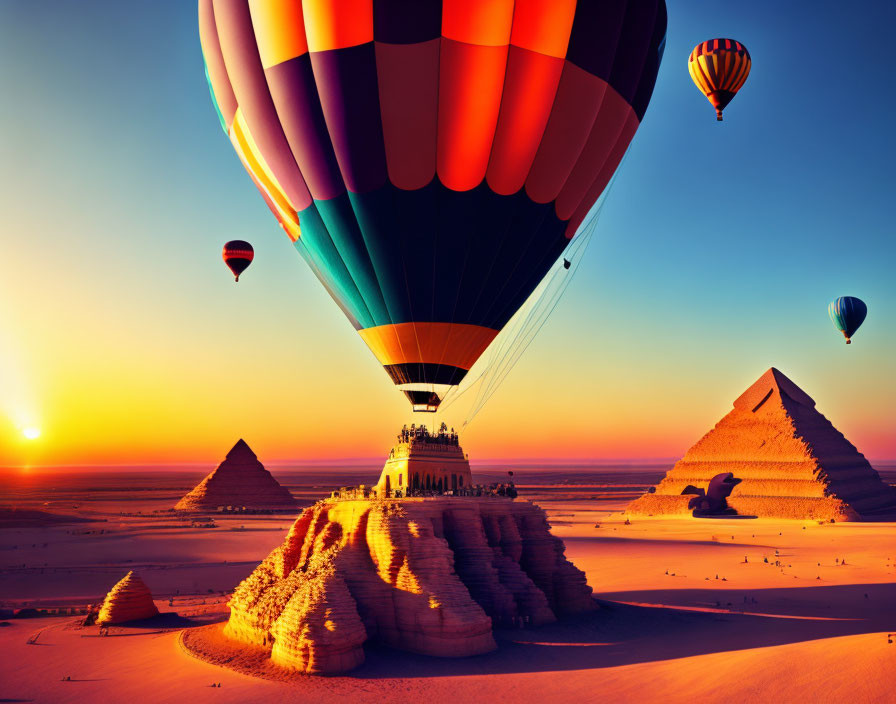 Sunset hot air balloons soar over ancient pyramids against vibrant skies