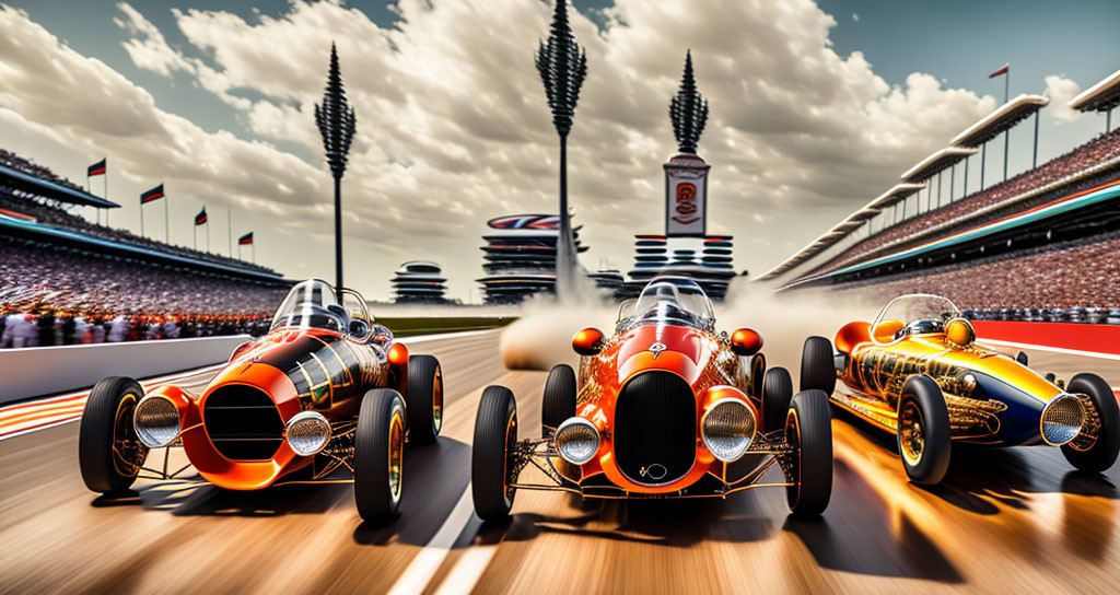 Vintage Race Cars Speeding on Track with Motion Blur and Grandstands