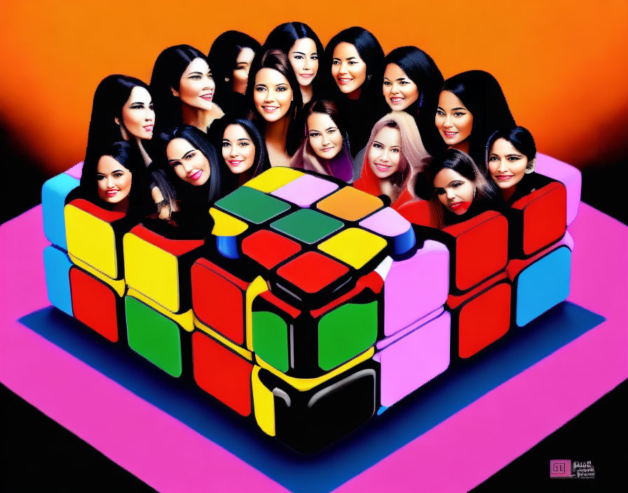 Symmetrical Women's Faces Around Colorful Rubik's Cube on Gradient Background