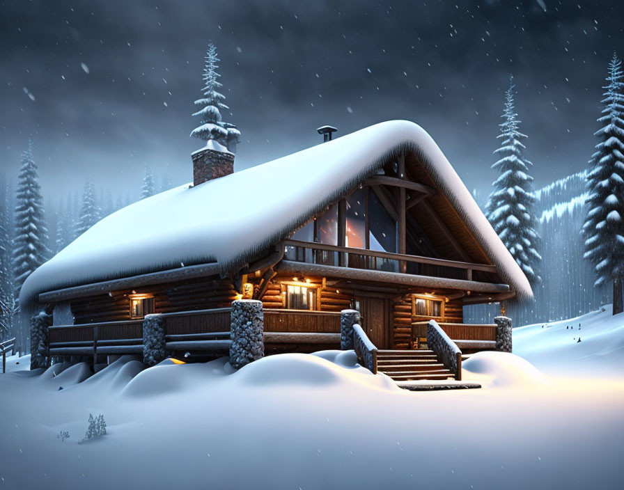 Snow-covered wooden cabin in serene winter night landscape.