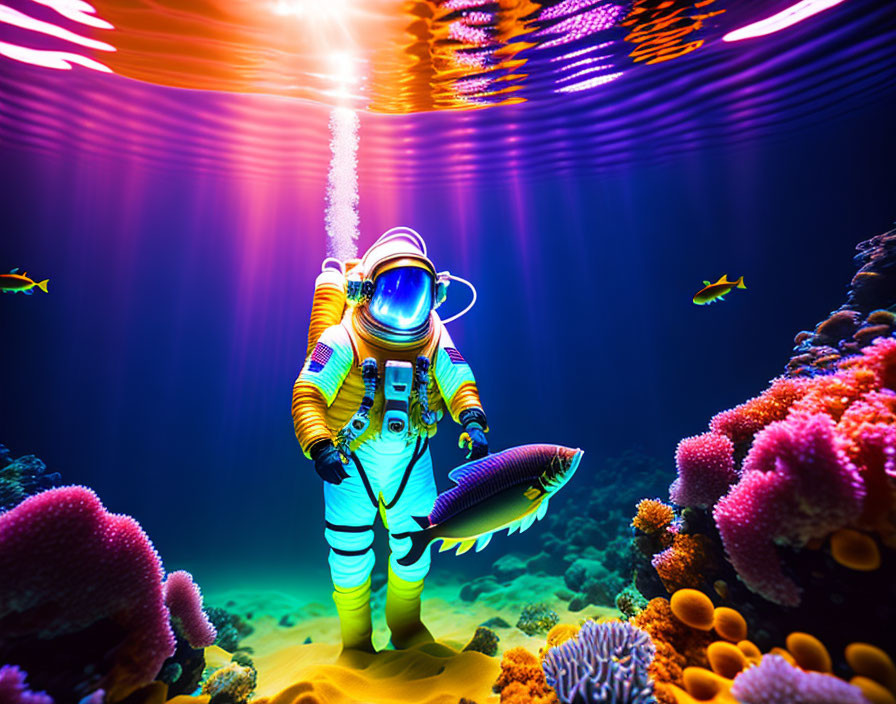 Astronaut surrounded by colorful coral and fish underwater