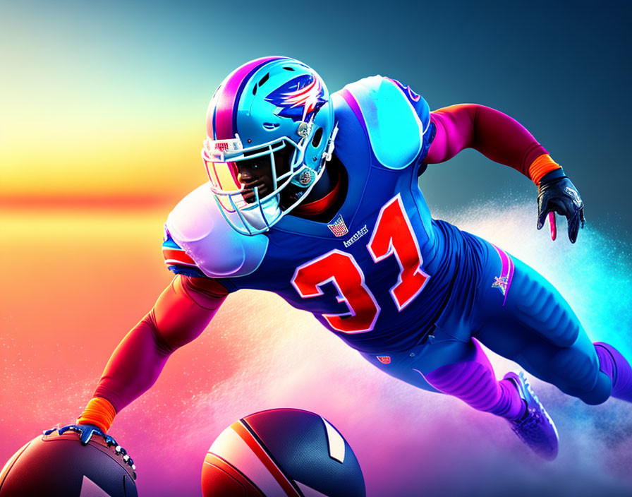 Football player in blue uniform diving for ball on vibrant background