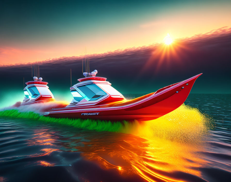 Futuristic speedboats race on shimmering sea at sunset