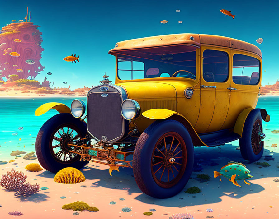Vintage Yellow Car Submerged in Underwater Fantasy Scene