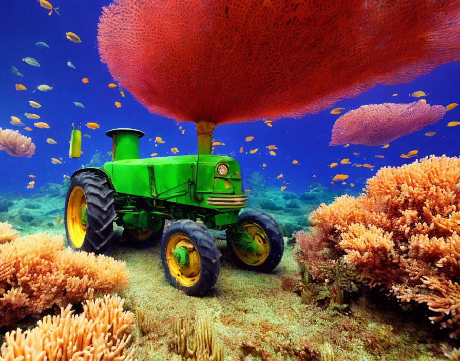 Green tractor underwater with colorful corals, yellow fish, and red sea fan