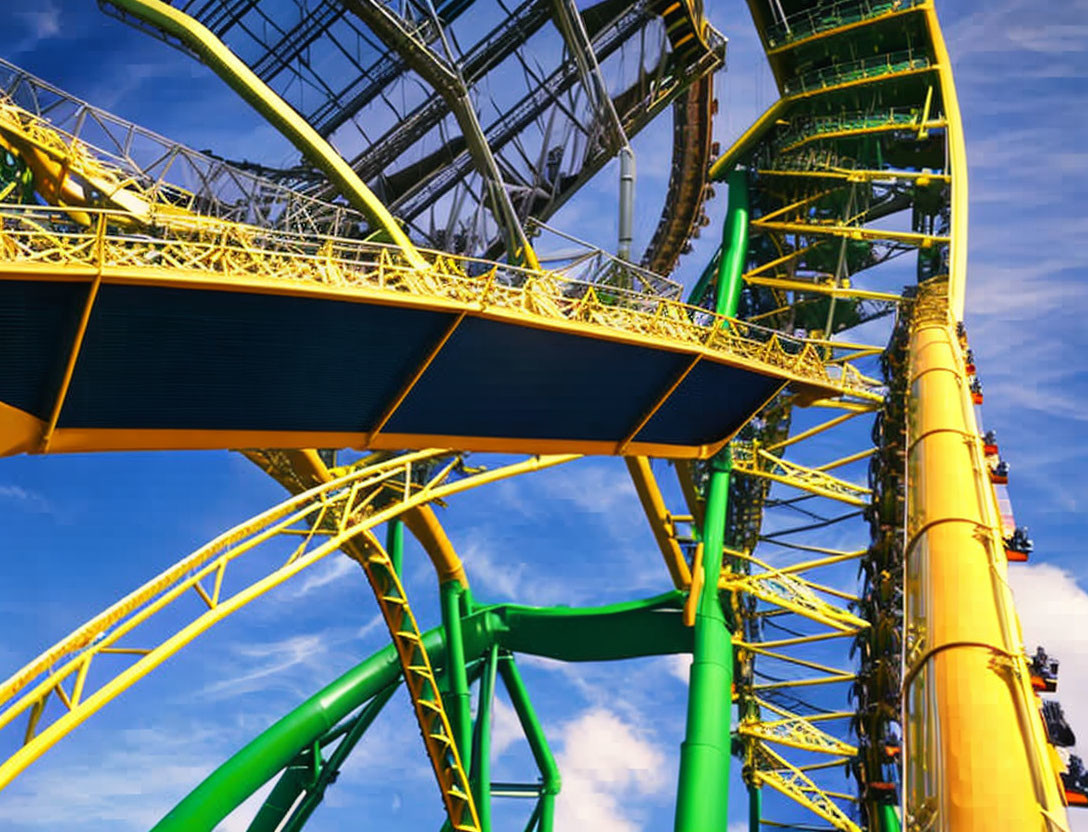 Colorful Roller Coaster Against Blue Sky: Yellow and Green Palette