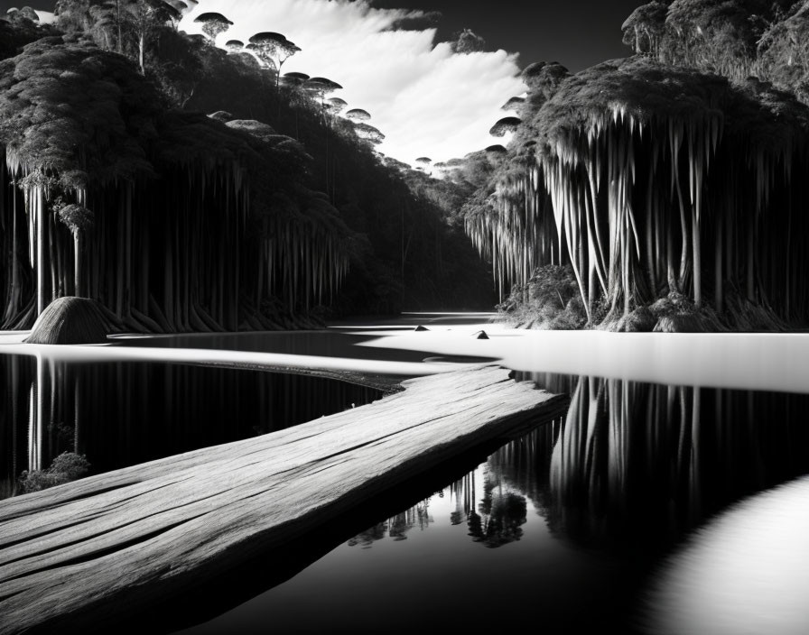 Monochrome image of serene lake with wooden jetty and lush trees