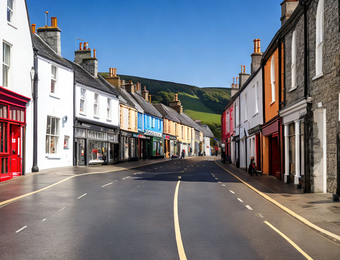 Colorful Buildings and Shops on Quaint Street with Green Hills and Blue Sky