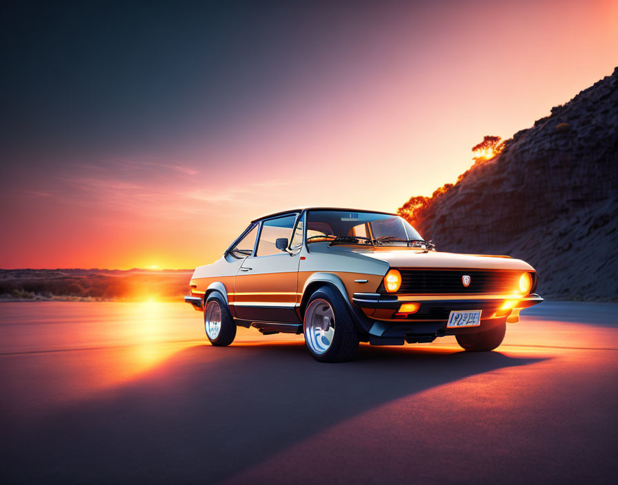 Vintage car parked on road at sunset with warm glow and headlights on