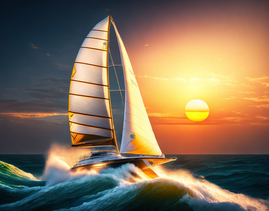 Sailboat sailing on choppy waves under radiant sunset