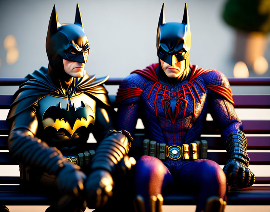 Two Batman action figures in different suits on bench