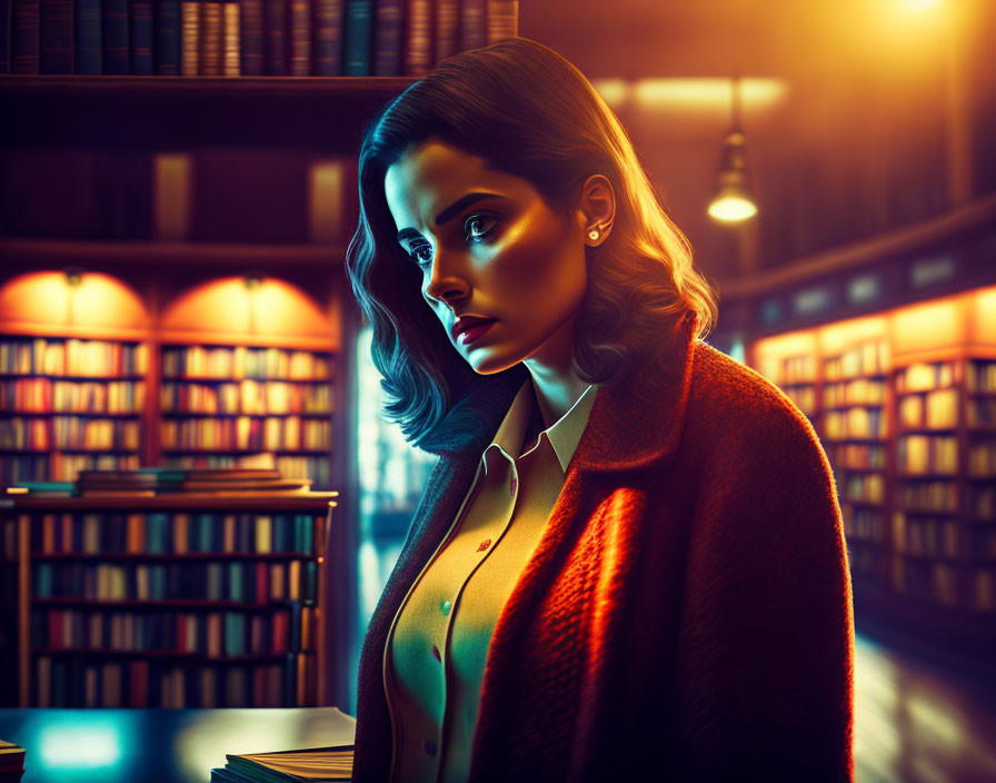 Pensive woman in red coat in warmly lit library with books