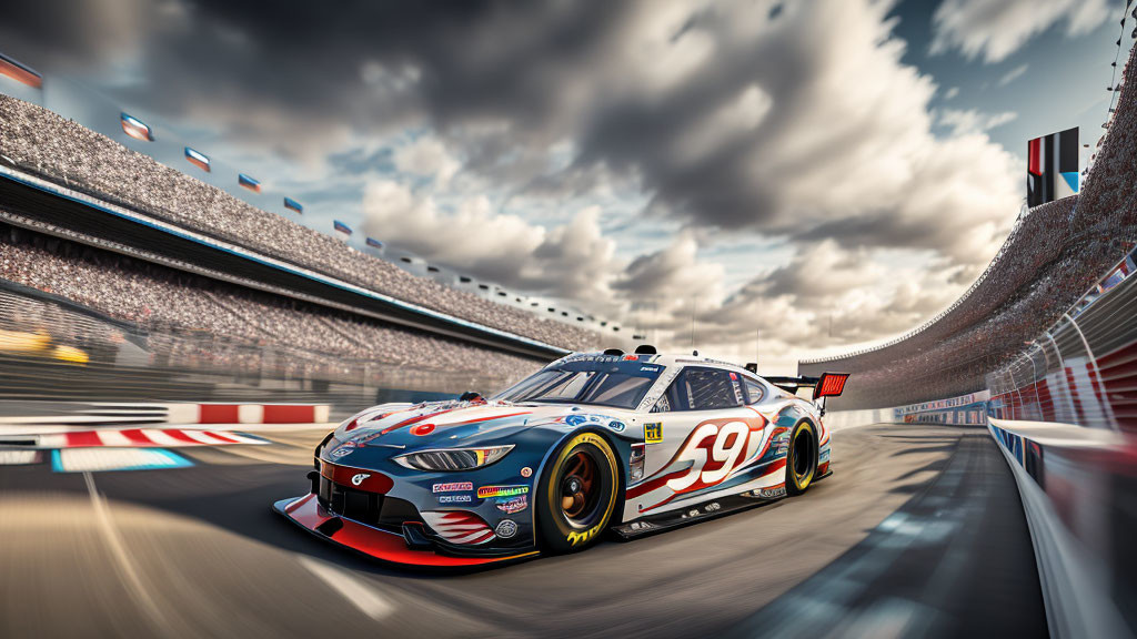 Race car speeding on track with grandstands under dramatic sky