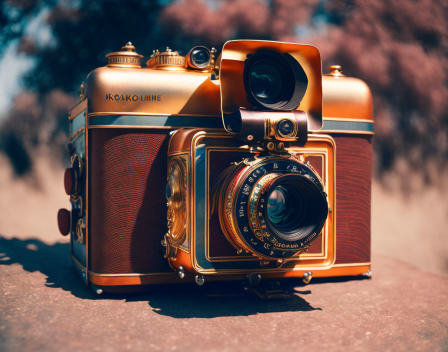 Vintage Golden Twin-Lens Reflex Camera on Blurred Natural Background