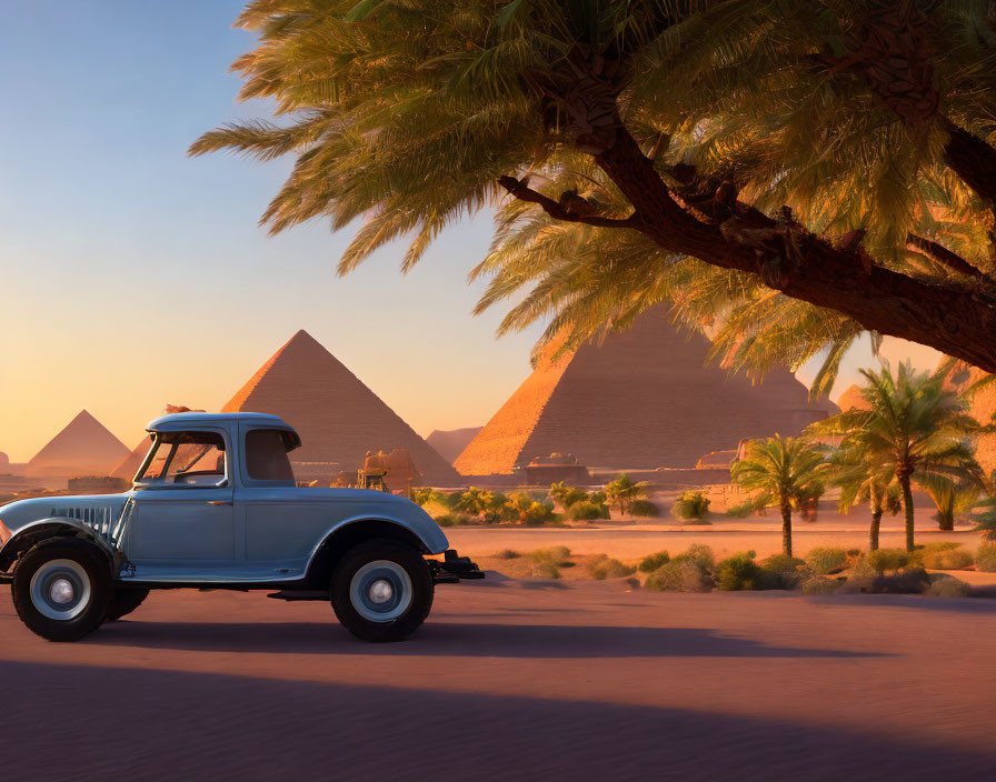 Vintage truck near palm trees with Great Pyramids at sunset