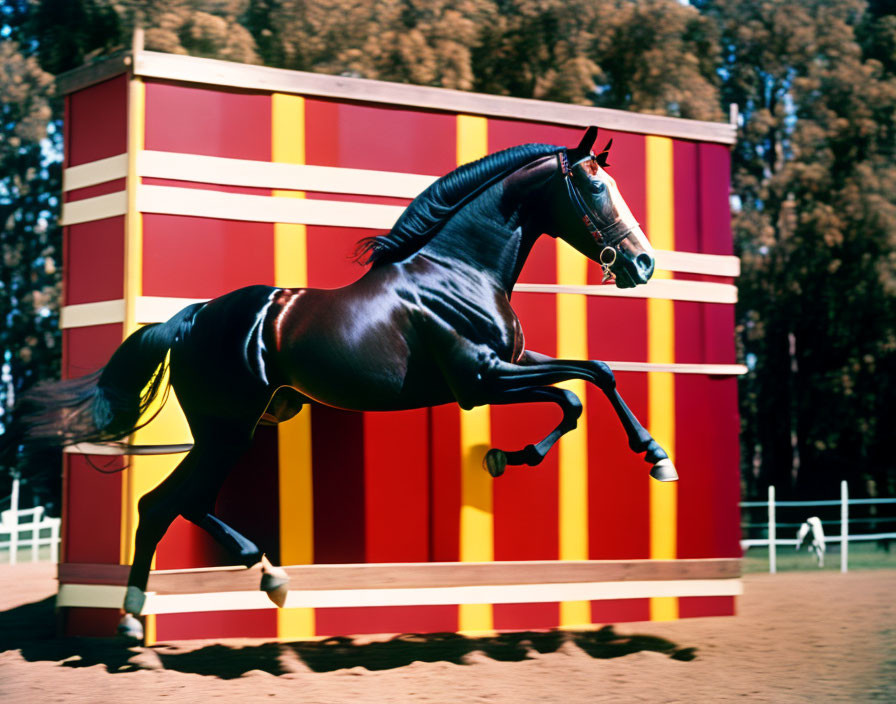 Black horse with shining coat galloping in front of red and yellow wall