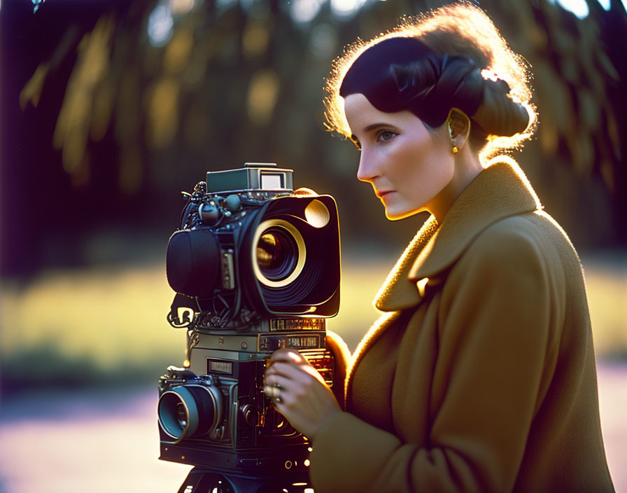 Vintage-inspired woman in mustard coat with 1940s hairstyle next to camera on tripod