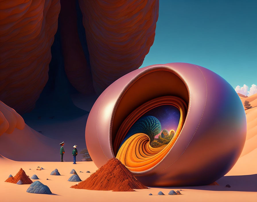 Surreal desert scene with two people by spiraling portal