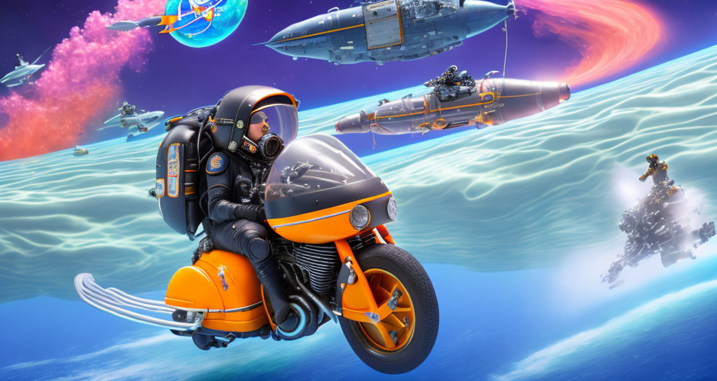 Astronauts on orange motorcycles in futuristic space scene