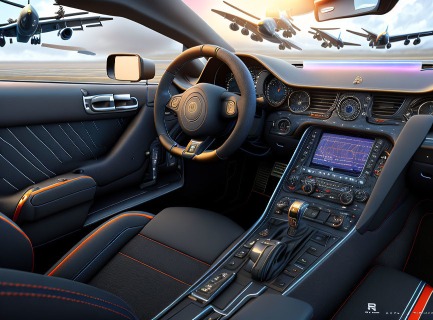 Sleek Luxury Car Interior with Leather Seats and Sunset Runway View