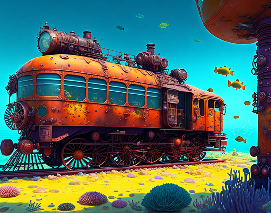 Colorful Fish and Coral Surround Rust-Covered Underwater Train