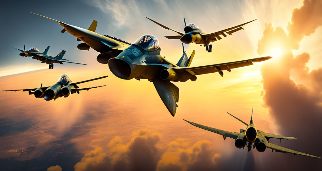 Fighter Jets Flying in Formation at High Altitude at Sunset