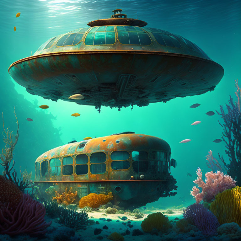 Underwater Scene with Rusting Submarines and Coral Reefs