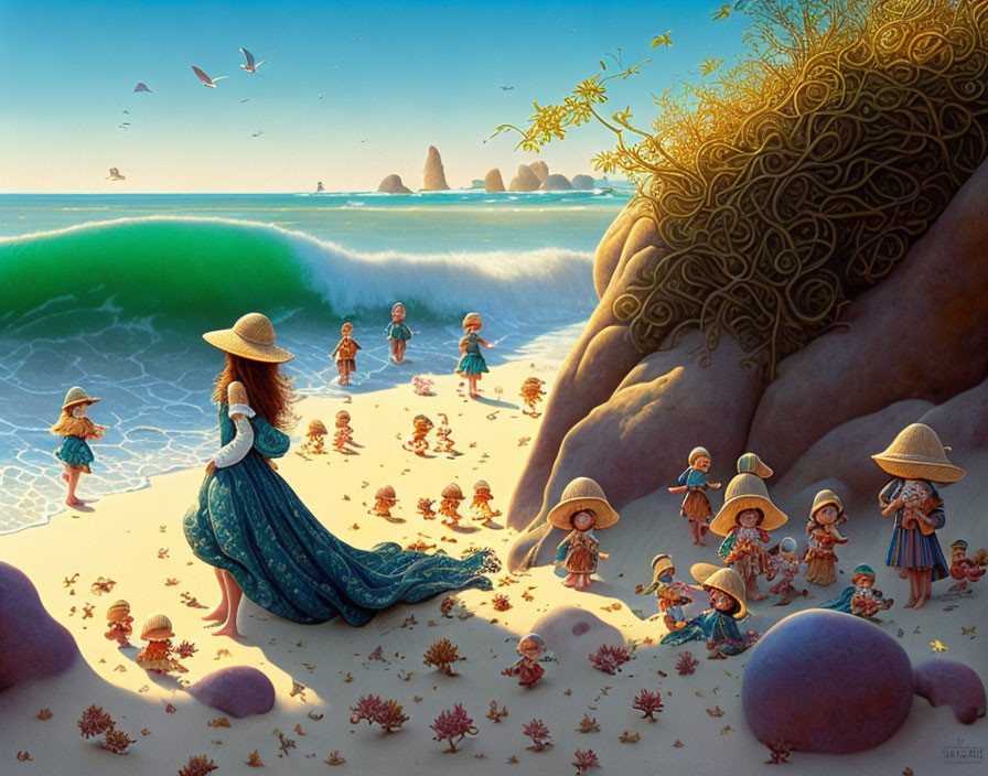 Woman in flowing dress on shore with tiny humans collecting shells near massive fruits and tree