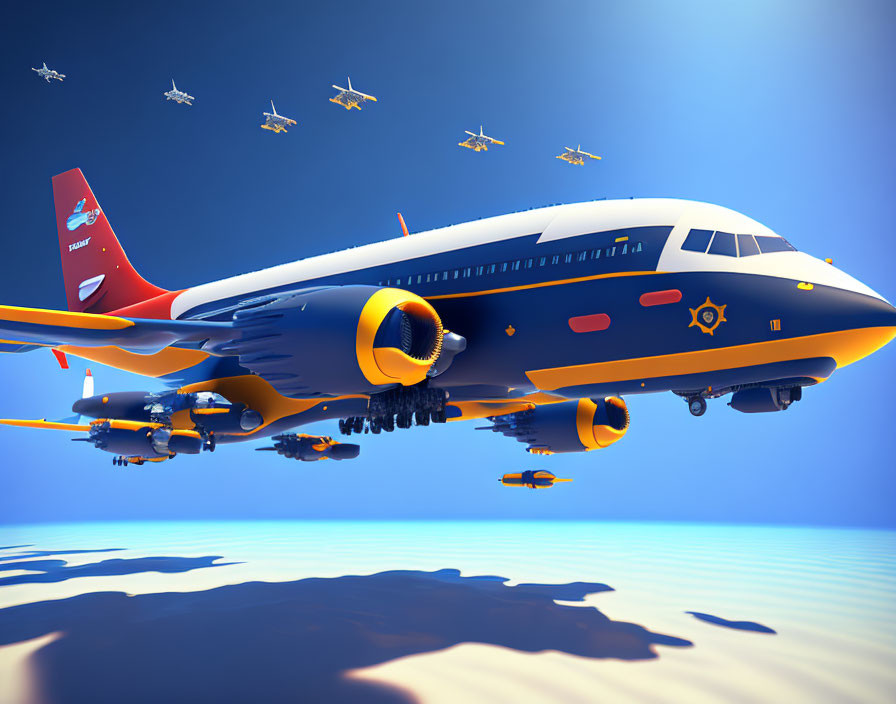 Blue and Orange Airplane with Small Drones Flying in Blue Sky