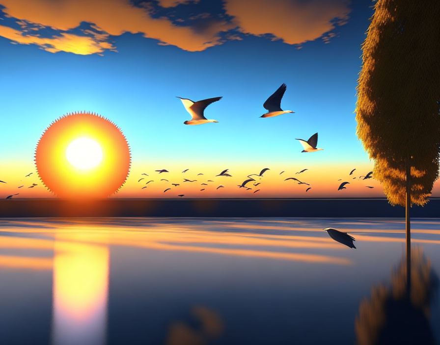 Scenic sunset with round sun, birds, and lone tree by water