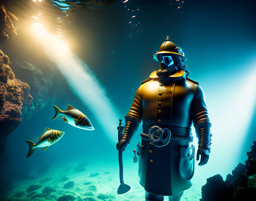 Vintage diver with brass helmet underwater among fish and sunlight