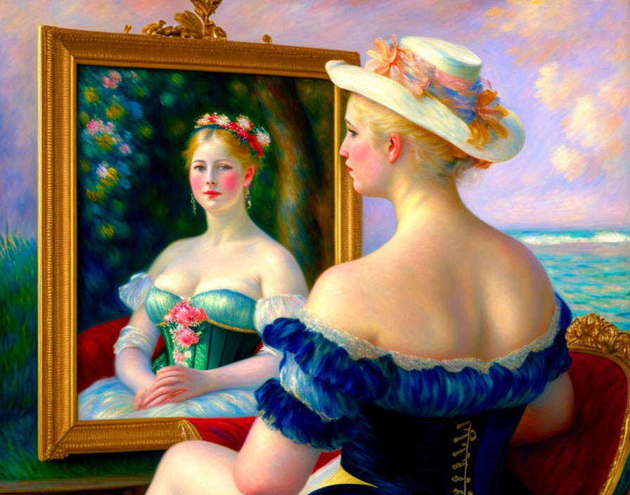 Woman in Blue Dress with Hat Beside Framed Painting and Seascape