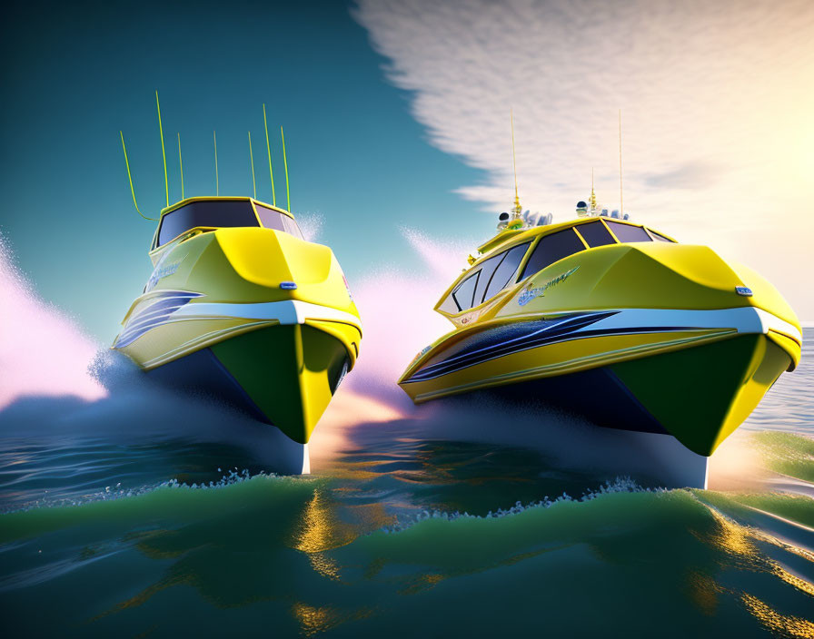 Two vibrant yellow speedboats racing on sea at dawn or dusk