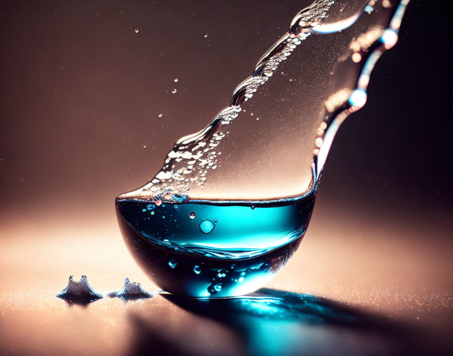 Water Stream Poured into Wine Glass with Splashes and Bubbles