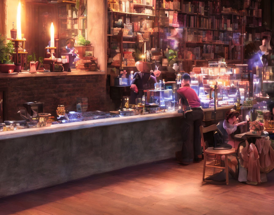 Bookshop Cafe with Candlelit Ambiance & Patrons Enjoying Beverages